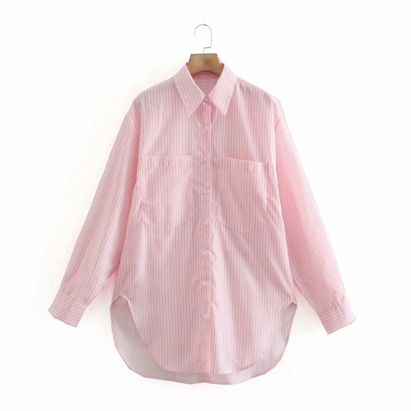 

Casual Loose Striped Blouse Spring Women Tops Long Sleeve Pockets Shirts Street Style Female Office 210525, Pink