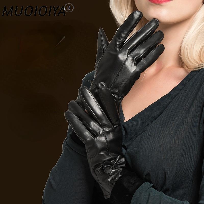 

Five Fingers Gloves Women' Winter Genuine Leather Black Soft Warm Bow Driving High Quality Guantes De Cuero SQQ394, Blue;gray