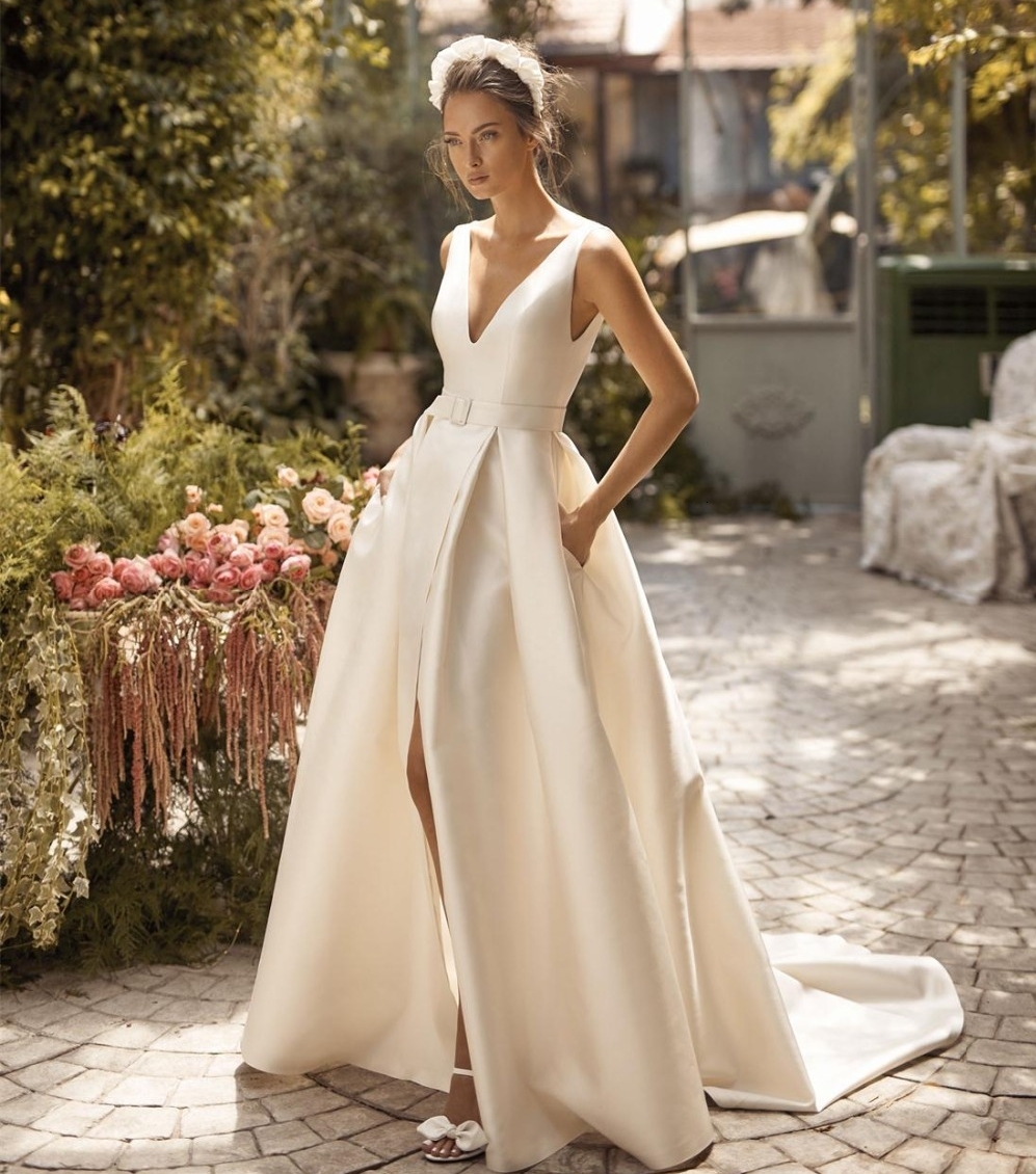 

2021 New Satin Es v Neck Sexy Bridal Front Split Bohemian Wedding Gowns Custom Made Vestidos De Noiva Gs2s, Pink