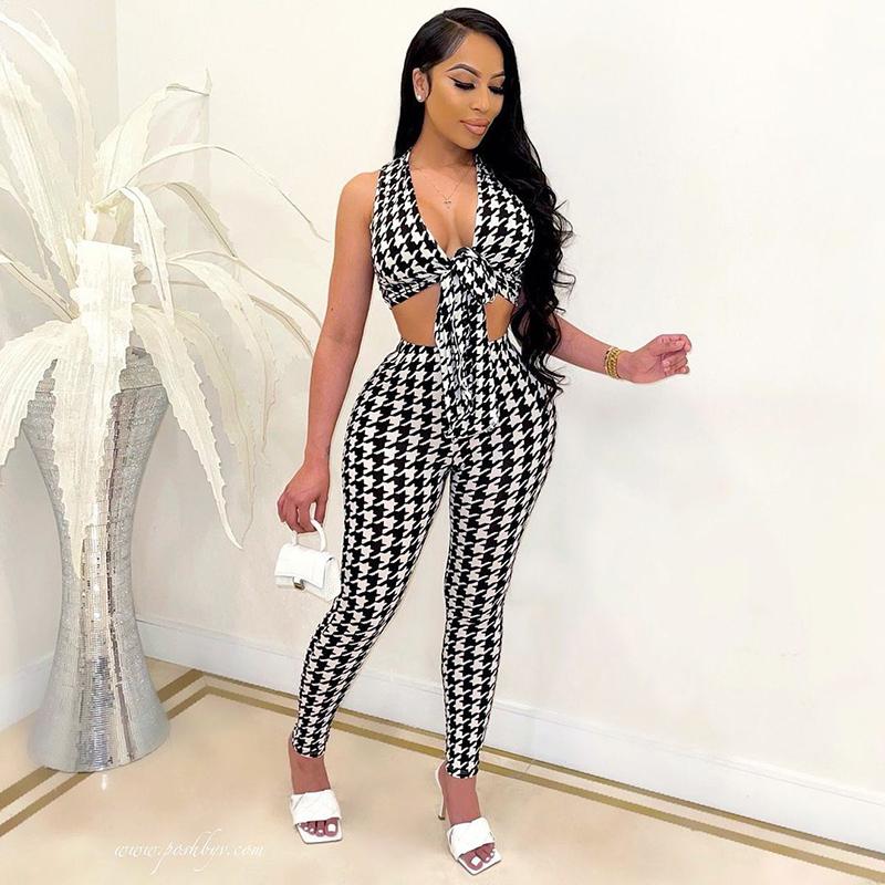 

Women' Two Piece Pants 2021 Sleeveless Houndstooth Plaid Sexy Tie Neck Crop Top Leggings 2 Pieces Set Summer Women Fashion Streetwear Outfi, Black