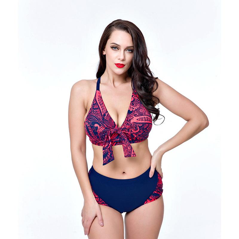 

Large size swimsuit for women V neck bikini set sexy plus size swimwear female printed high waist swimming suit push up swim