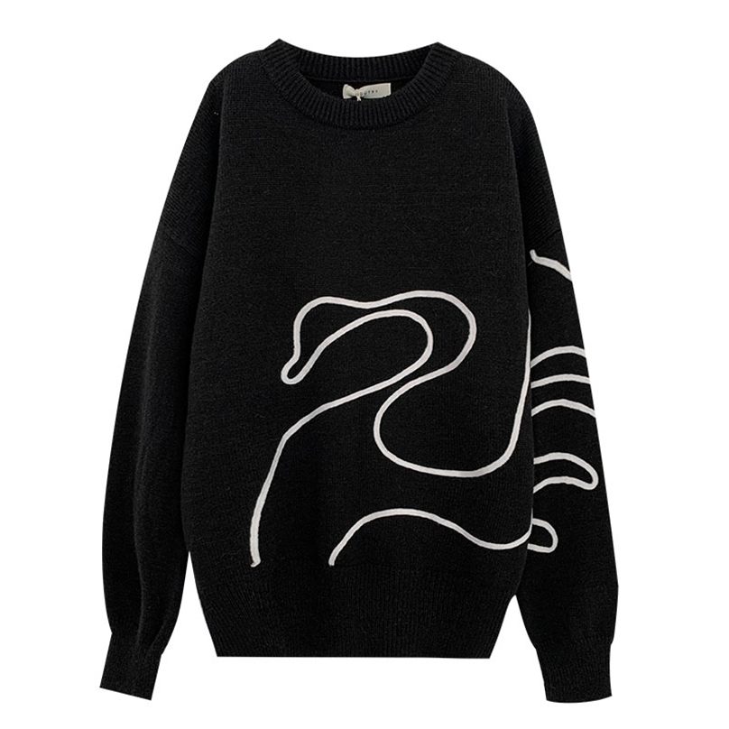 

Women Oversize Sweater Fashion Autumn Winter Long Sleeved Streetwear Print Black Knitted Sweaters Korean Pullover Top 210525, Beige