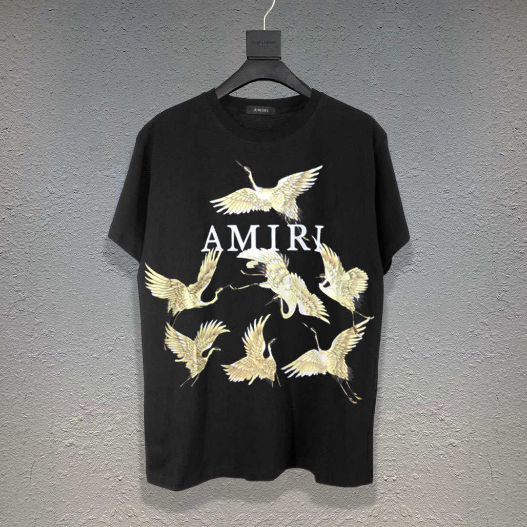 

Suser Amir Crane Letter Print Casual Hip Hop High Street Short Sleeve T-shirt for Men and Women, White;black