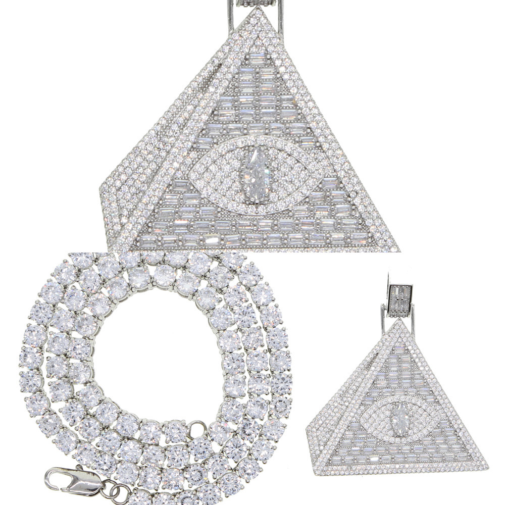 

Iced Out Women Hip Hop Triangle Pyramid Pendant Necklace Engrave Shiny Cz Turkish Evil Eye Chocker Necklace Tennis Chain Gift X0509