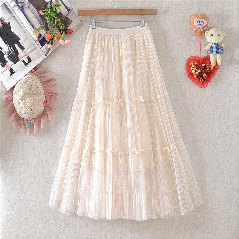 

Skirts Summer Mesh Pleated Women Elastic Waist 2021 Korean Fashion Ladies Casual Long Mid-Calf Tulle Skirt Saias Faldas With Bow, Petticoat red