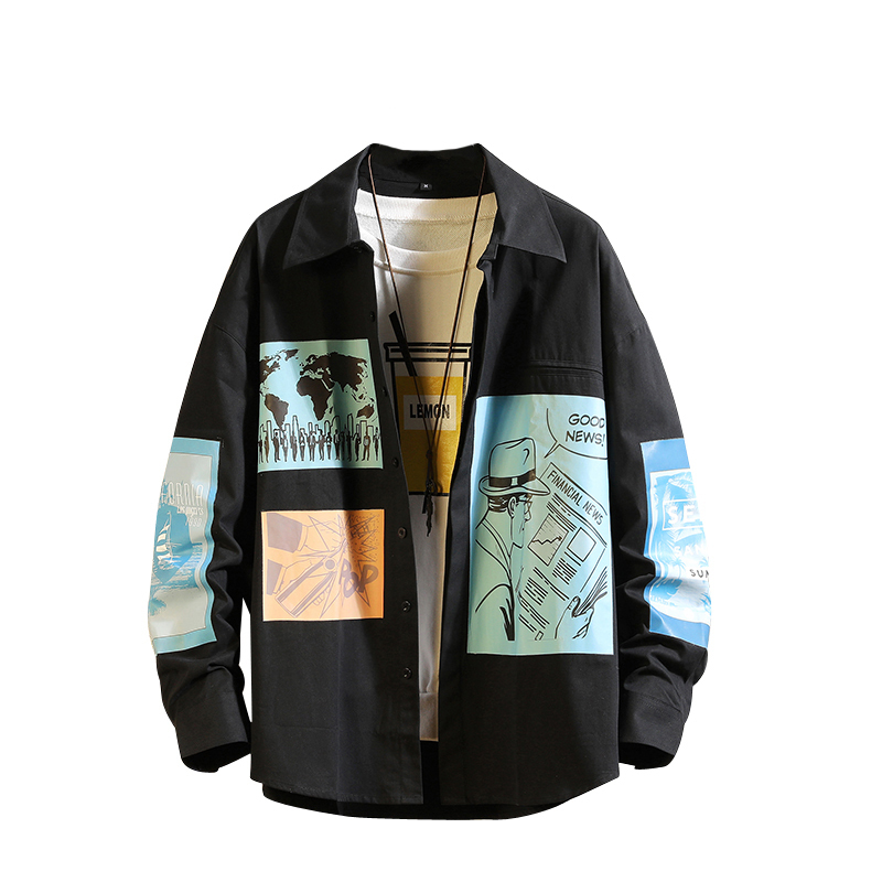 

2021 New Men's Casual Button-down Jacket 100% Cotton Thickening Type Long Sleeve Shirt Freedom Print 8cdj, Gray