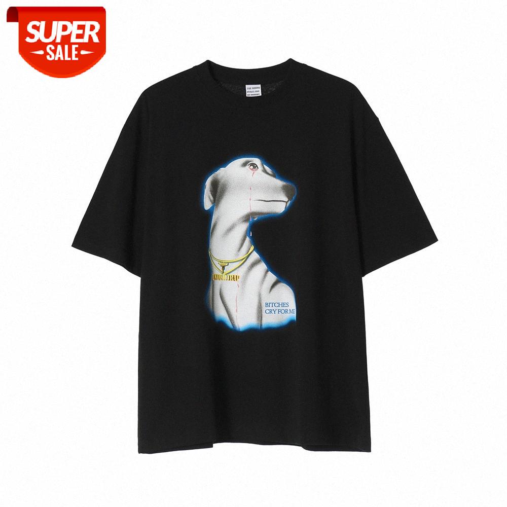 

Dog print short-sleeved T-shirt men's dark wind half-sleeved street loose round neck five-point sleeves #EM8P, White;black