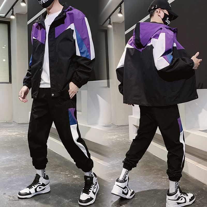 

New Sweater 2021 Autumn Male Two Garments of Polyester Sweat Korean Leisure Hip Hop Suit Jacket + Pants Harem P5fy, Black