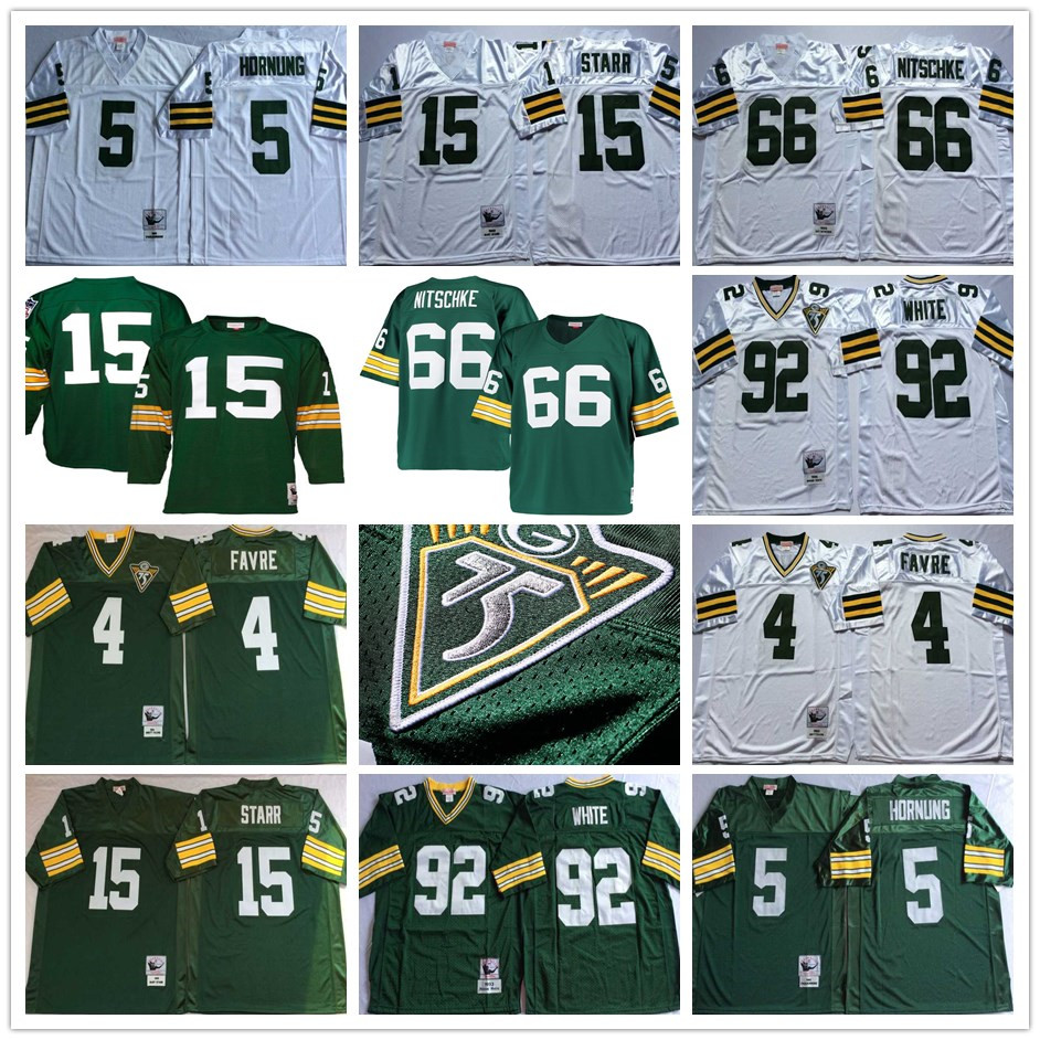 

Vintage Football Brett Favre Jersey 15 Bart Starr 66 Ray Nitschke 92 Reggie 5 Paul Hornung Green White Jerseys, Black