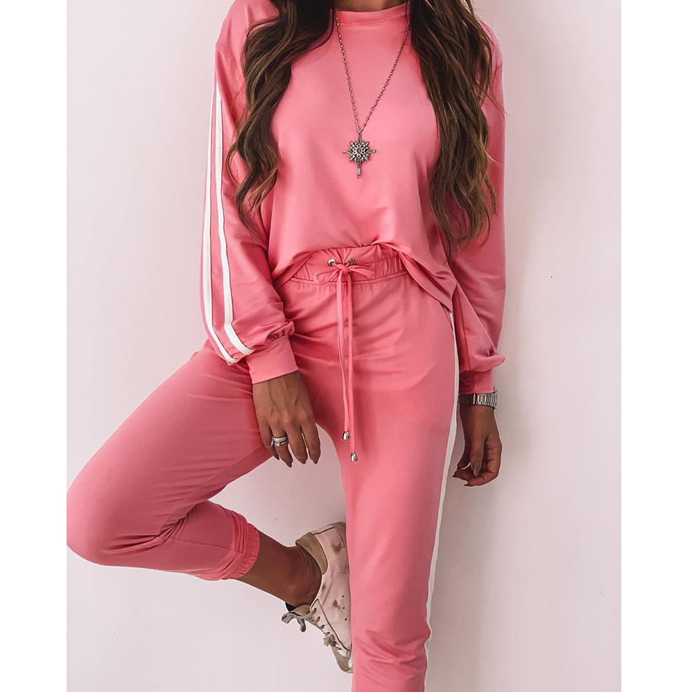 

2021 Women New Running Suit Casual O-neck Striped Sleeve Hoddies and Loose Long Pants Pieces Street Tracksuit Zevk, Green