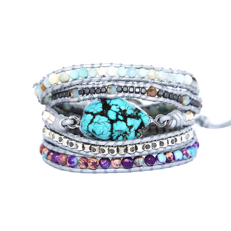 

Charm Bracelets Bohemian Creative Handmade Sky Blue Stone Multilayer Bracelet Leather Wrapped Purple Bead Ladies Jewelry Y20