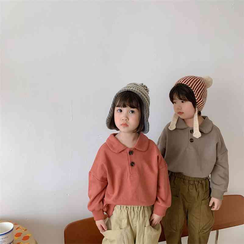 

Autumn boys and girls solid color turn-down collar long sleeve sweatshirts kids casual pullovers clothing 210708, Coffee