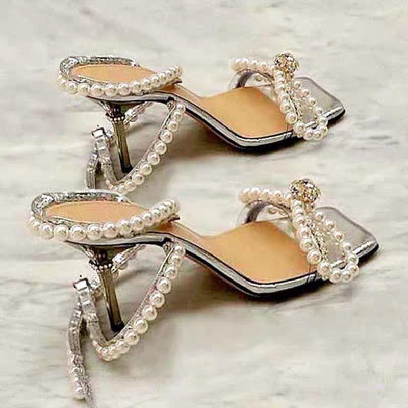

Square Head Transparent Sandals Female Summer 2021 New Bow Pearl Rhinestone High Heels Fine With Fairy Style, Silver