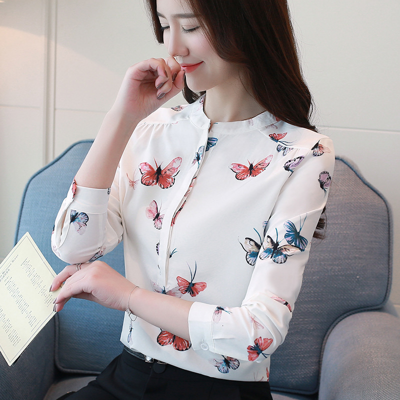 

2021 New Spring Summer Long Sleeve Shirts Plus Size White Print Women Blouse Shirt Fashion Womens Blouses Tops Office Facp, Butterfly