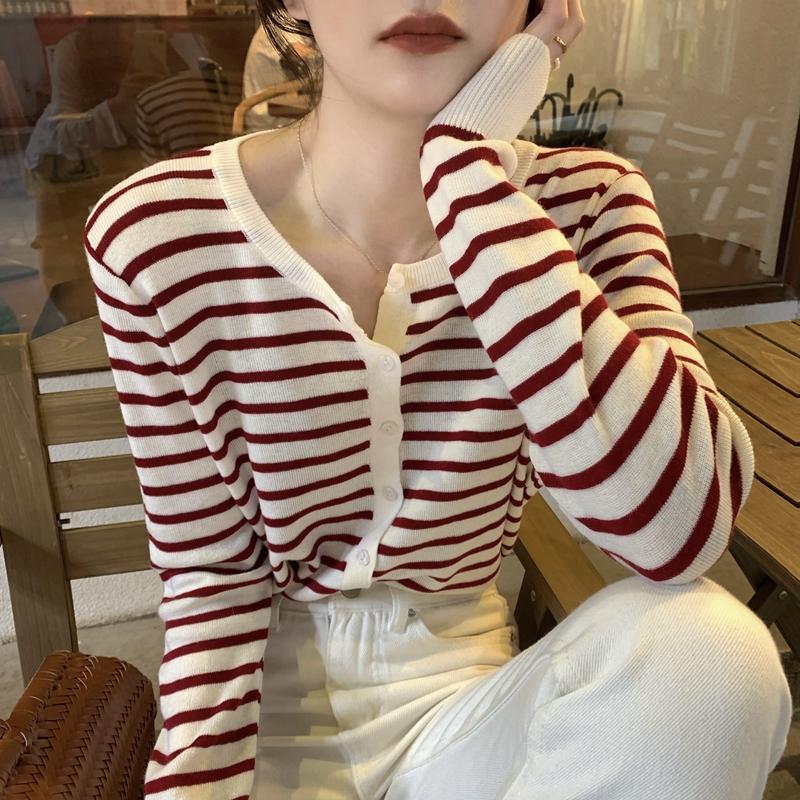 

Women's Knits & Tees Sweaters Japan Style Jumpers O Neck Striped Knitted Cardigan Thin Autumn Coat Wild Vintage Long Sleeve TShirts Fashion, White