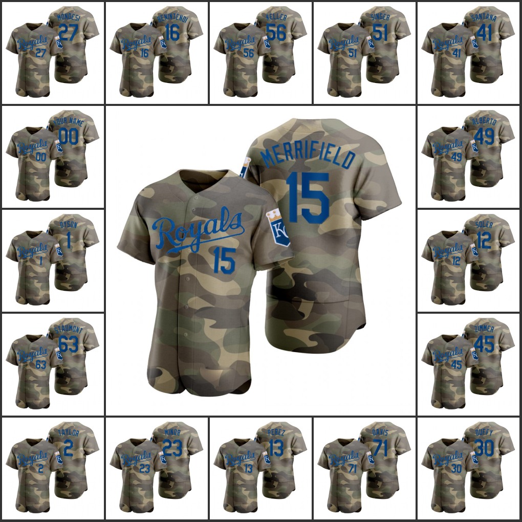 

KansasCityRoyals Men Women Youth #51 Brady Singer 13 Salvador Perez 15 Patrick Mahomes Custom Camo Authentic Armed Forces Day Jersey, Black