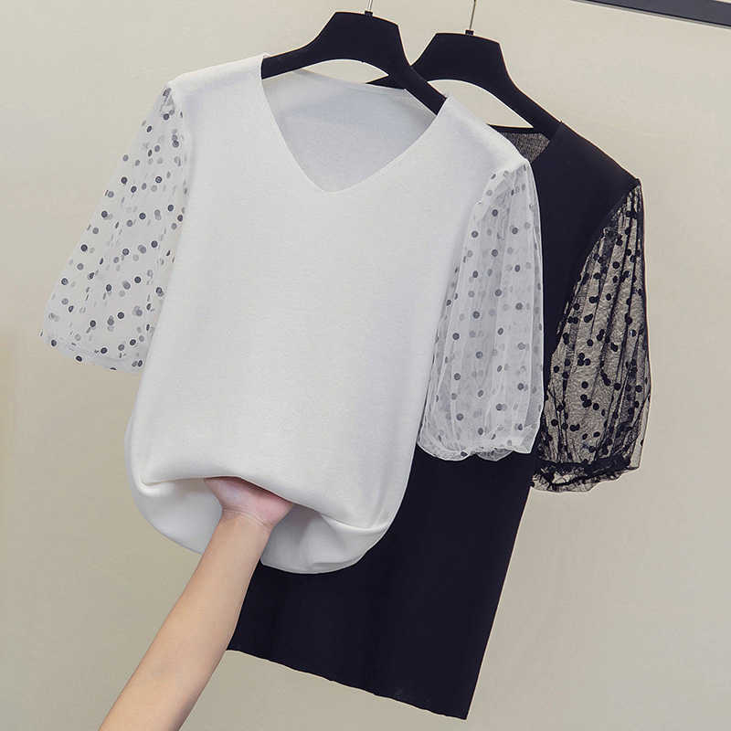 

4XL plus size women mesh Patchwork kint sweater pullover Summer short sleeve v neck loose Oversized sweaters t-shirt 210604, White