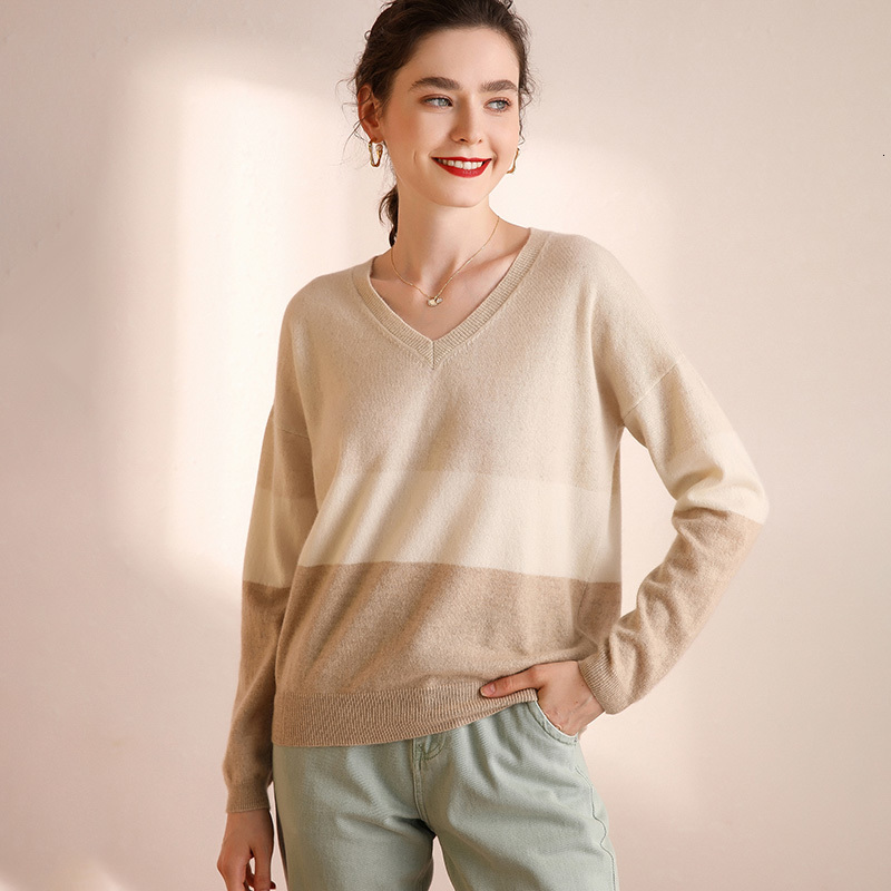 

2021 New 100% Cashmere Female V-neck Sexy Long Sleeves Women Knitting Jumper Autumn Winter Warm Thickening Sweater Yhtf, Camel