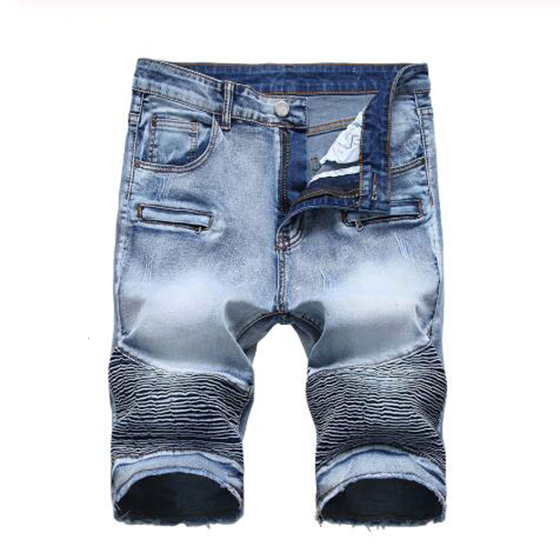

New Men's Male Light Blue Slim Straight Denim Biker Shorts Fot Moto Plus Size Pleated Fringe Jeans Summer Capri QAMC