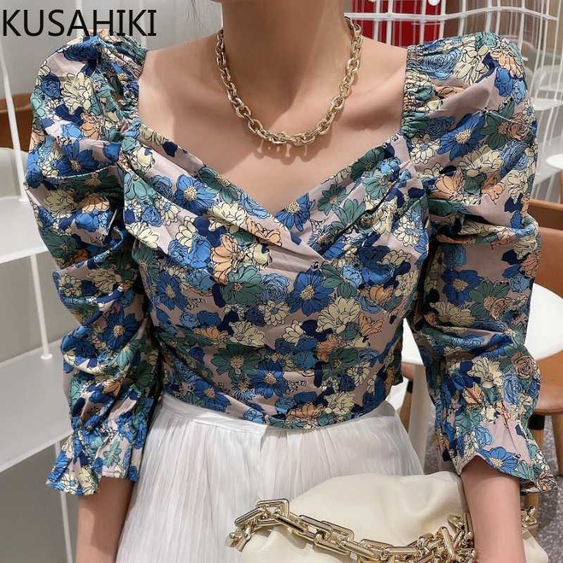 

KUSAHIKI Floral Half Puff Sleeve Womens Tops Summer Elegant Slim Waist Blouses Korean Square Collar Blusas Shirt 6H735 210602, Blue