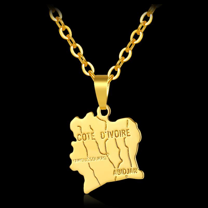 

Pendant Necklaces Trendy Africa Cote D'Ivoire Map Necklace Gold Color Abidjan Of Yamoussoukro Men/women Copper Material Jewelry