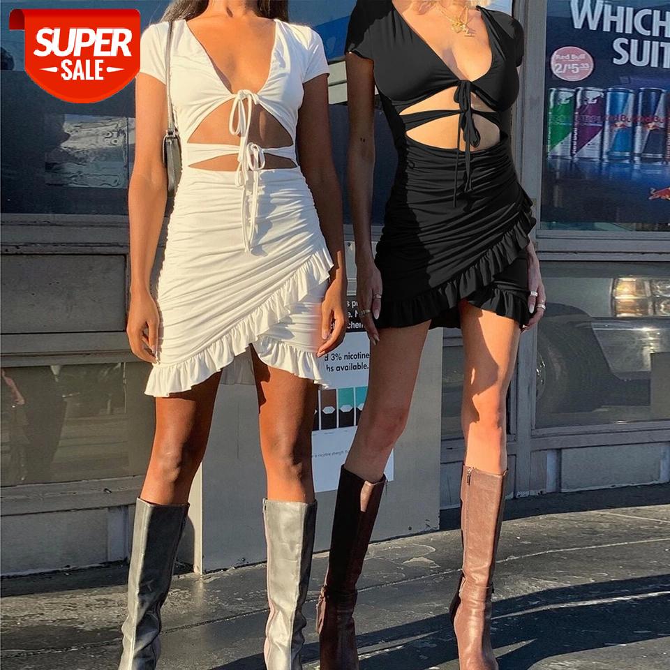 

Sexy Dress Women V neck Ruffle Bandage Hollow Out Summer Bodycon White Black mini Party Club Pleated Ladies Tight Dresses 2020 #JQ0v, Black;gray