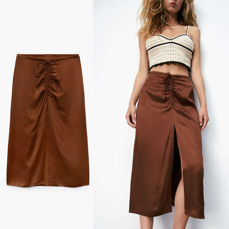 

Za High Waist Ruched Midi Skirt Women Vintage Elastic Waist Draped Summer Skirt Chic Front Slit Woman Elegant Satin Skirts 210602, Brown