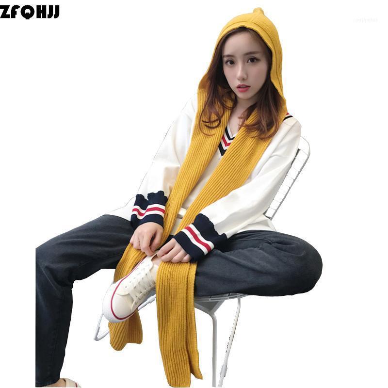 

Scarves ZFQHJJ 2021 Design Women's Hooded Scarf Winter Wool Knitted Earflap Hat Snood Wraps Solid Crochet And For Girl1