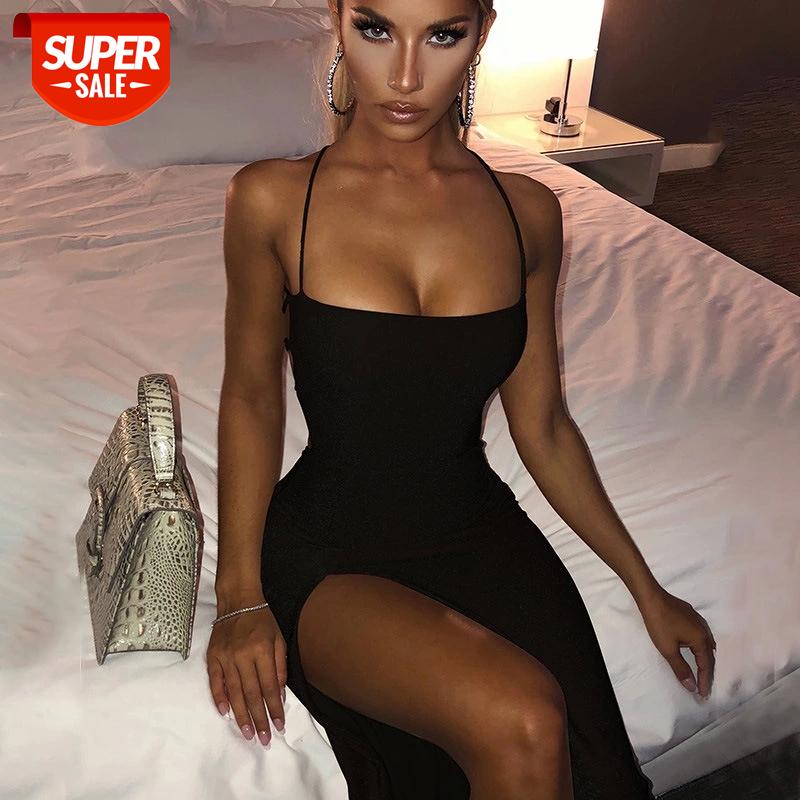 

Long Backless Maxi Dress Women Spaghetti Strap High Split Bodycon Bandage Summer Dress Elegant Slim Party Vestidos #U70H, Black;gray