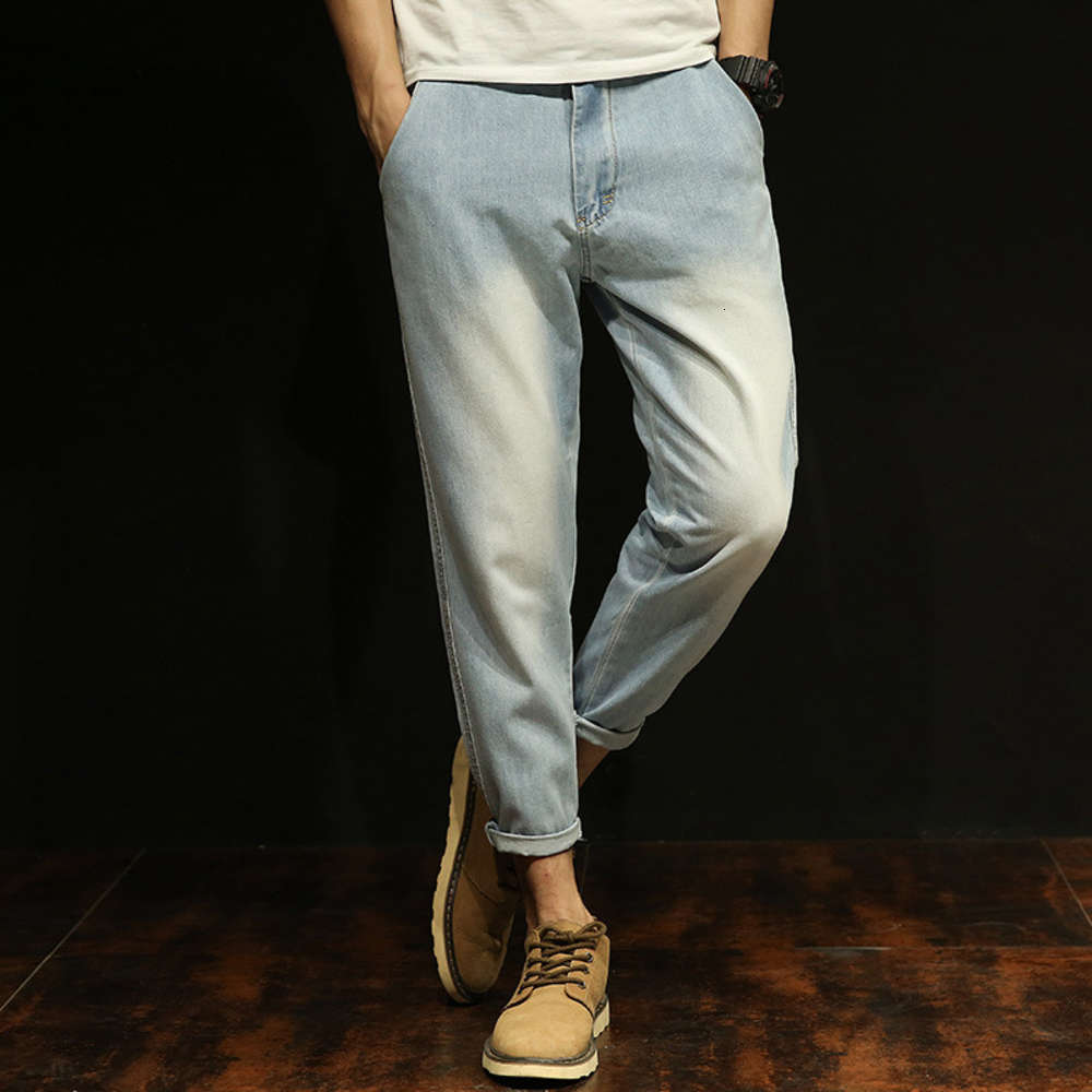 

Trendy brand loose thin light color jeans men's Harlan Leggings slim hip hop nine point pants, Blue