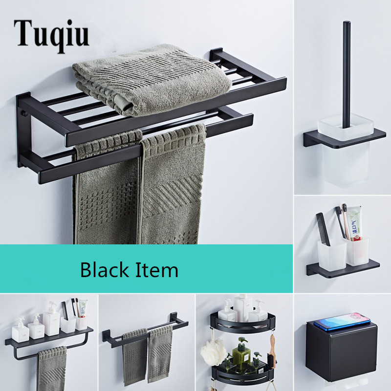 

2021 New Black Accessories Set Bathroom Shelf Aluminum Bath Hardware Sets Rack,paper Toilet Brush Holder Towel Bar Urlj
