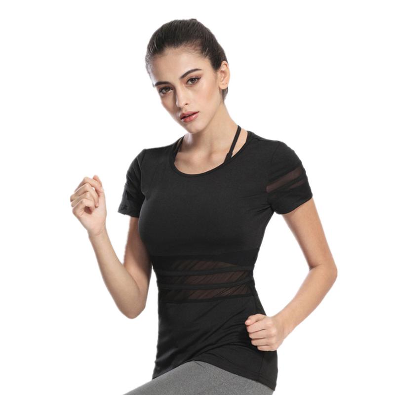 

KARYZON Mesh Splice Yoga Blouse Shirt Professional 2021 Summer New Slim Gyms Clothing Tees Sport T-shirt Fitness Top Elastane, White