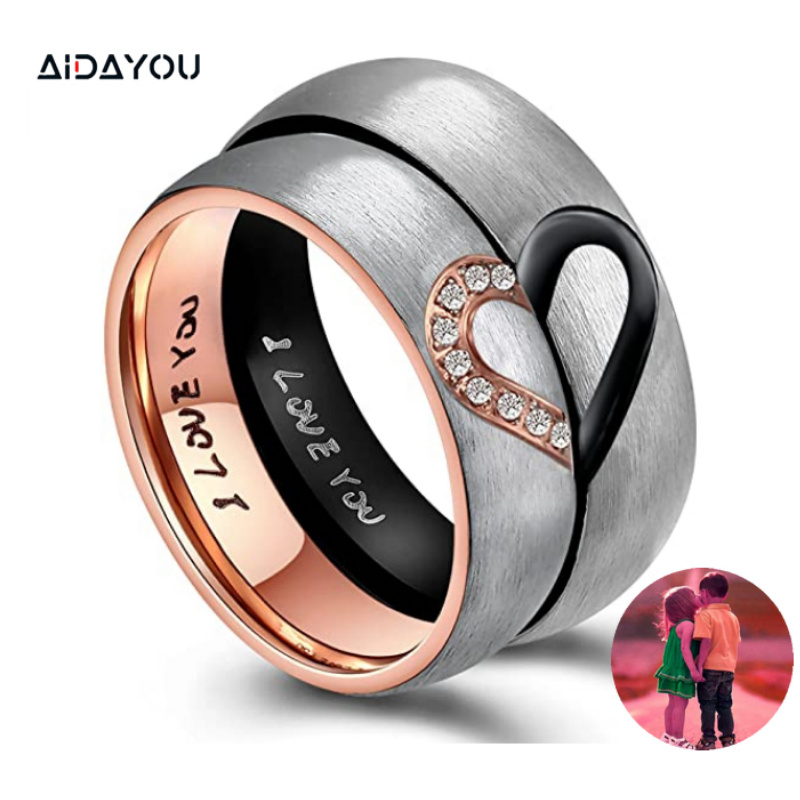 

I Love You Rings Heart Promise Stainless Steel His & Hers Real Couples Wedding Engagement Bands Top Ring acc288, Silver