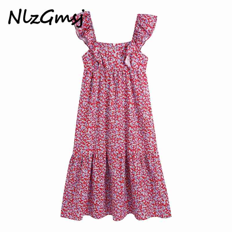 

Dres Ruffle Floral Print Red Short Sleeve Vintage Elegant Beach Strap Maxi es 04 210628, As picture