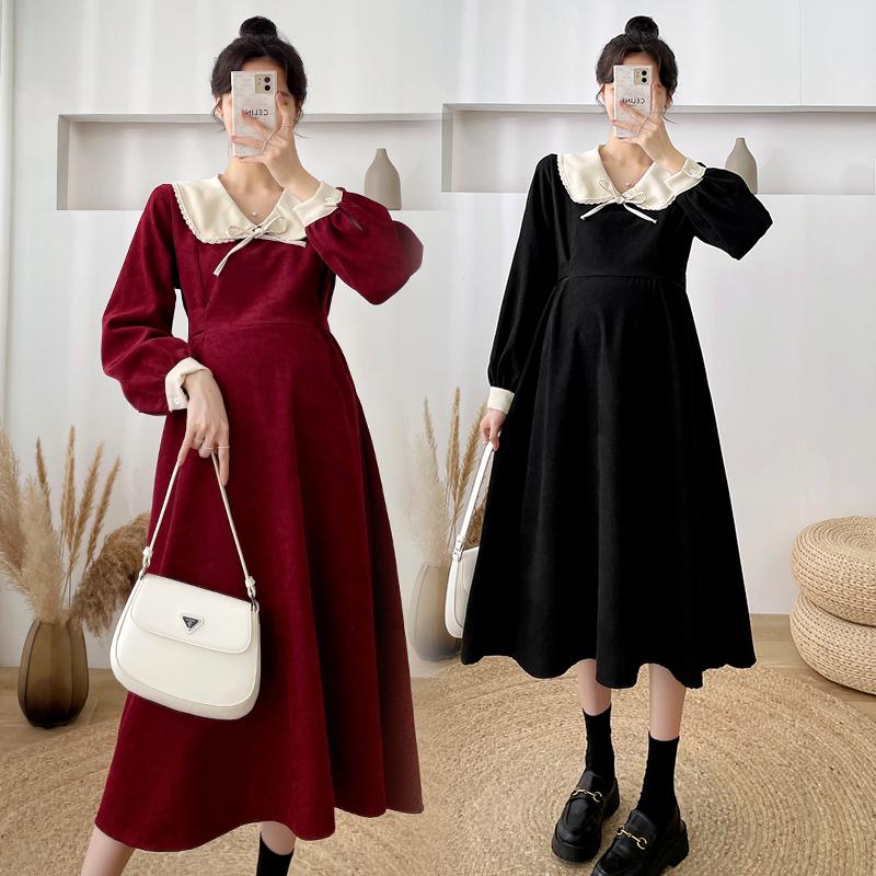 

Maternity Dresses 5536# Autumn Winter Korean Fashion Long Dress Ties Waist Slim A Line Clothes For Pregnant Women Chic Ins Pregnancy, Black