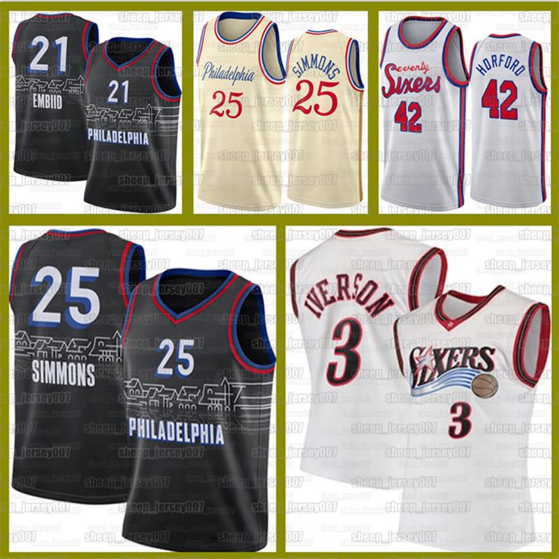 

Retro Philadelphia 76er jersey Joel 21 Embiid 2021 Ben 25 Simmons Allen 3 Iverson Jersey Horford Julius 6 Erving Sports jersey, Black;red