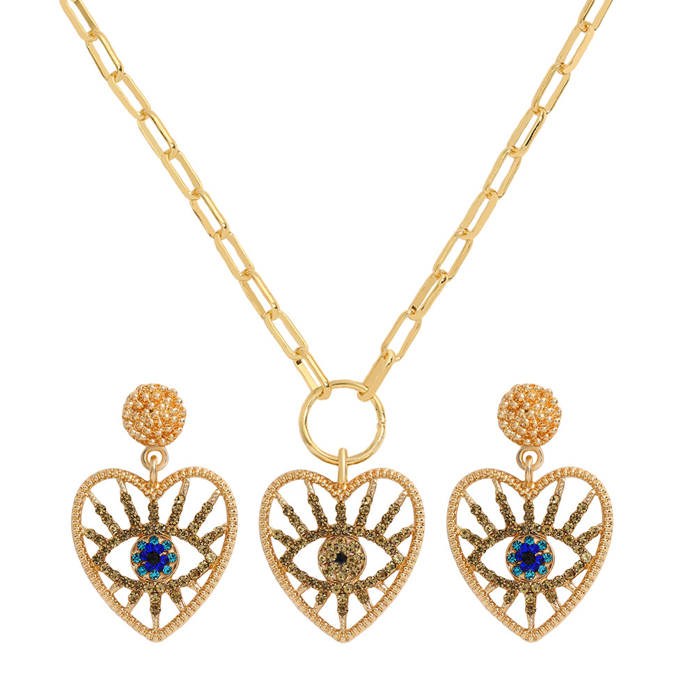 fashion High-end Angel Eye Pendant Necklaces Earrings Set Simple Retro Diamond Clavicle Chain Alloy Rhinestone Earring French Devil Eyes Ear Jewe-image-708155749