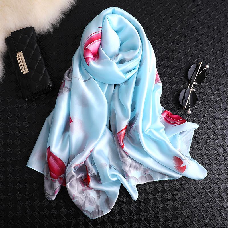 

Scarves 2021 Women Imitation Silk Scarf Flowers Print Shawls Office Lady Soft Wraps Female Headscarf Beach Towel 90x180cm