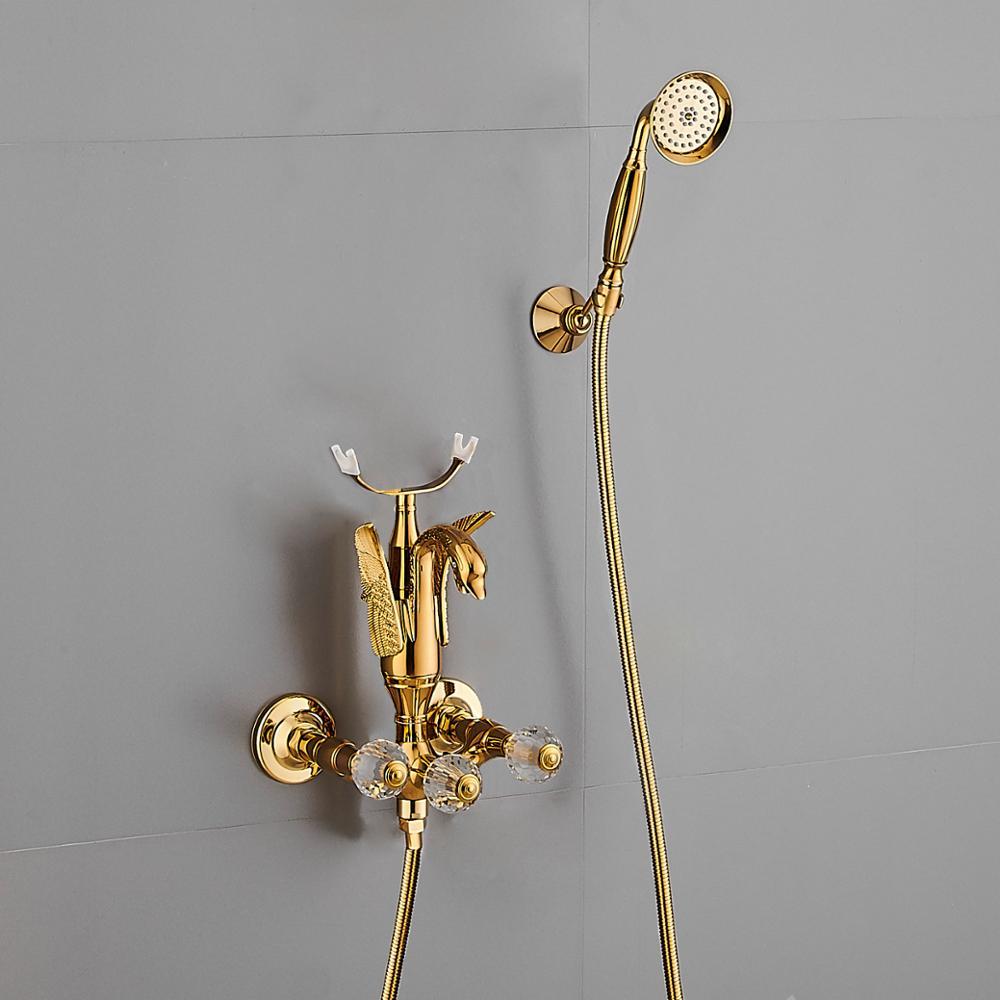 

Bathroom Shower Sets Bathtub and Faucet Set Wall Mounted Gold Swan Faucet, Cold Hot Bath Mixer Tap Brass L70s