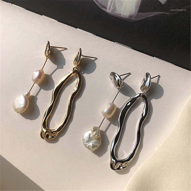 

Stud Retro Asymmetrical Metallic Freshwater Pearl Earrings For Women With Simple, Versatile Temperament, Golden;silver
