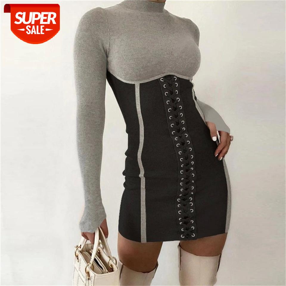 

hirigin Casual Patchwork Bandage Mini Dress Women Stand Long Sleeve Front Cross Lace Up Bodycon Party Clubwear Dress #L54W, Black;gray