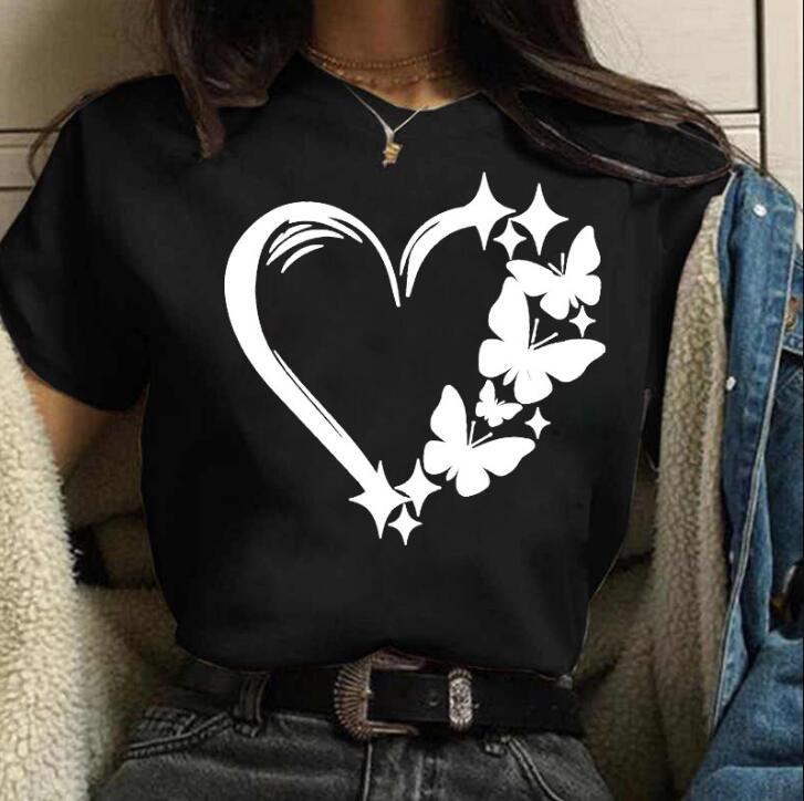 

2022 Butterfly Love Heart Printing T Shirt Women New Black T Shirt Female Ladies Casual Cute Graphic Tees Women Fashion T-shirt Tops