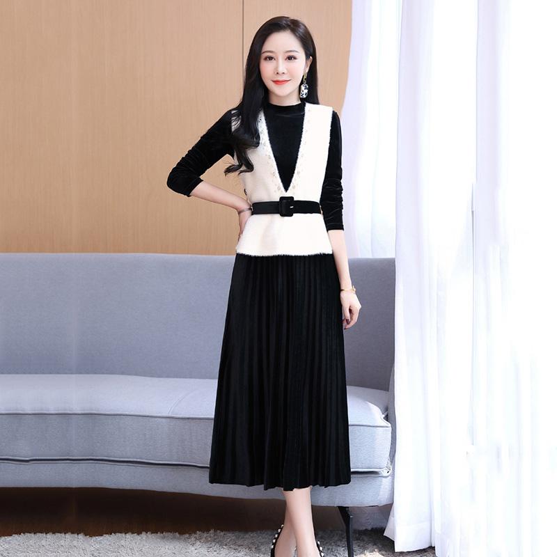 

Casual Dresses Gold Velvet Dress Women's 2021 Autumn And Winter Temperament Base Skirt Two-piece, Black;gray