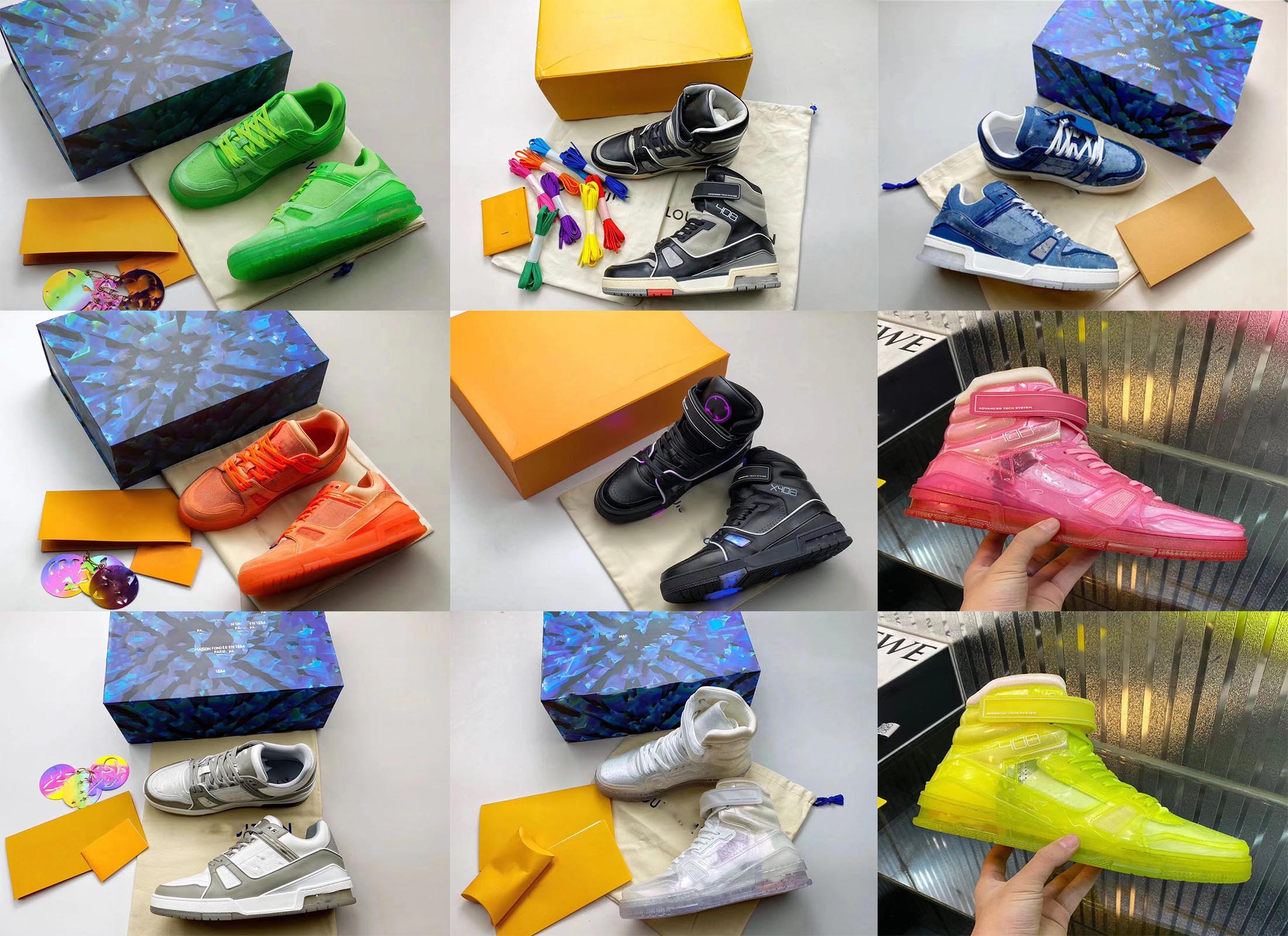 

Trainer Sneaker 408 Fashion 508 High-Top Low Outdoor Shoes White Black White Green Monogram Denim Blue Yellow Men Women Genuine Leather With Original Box, 18