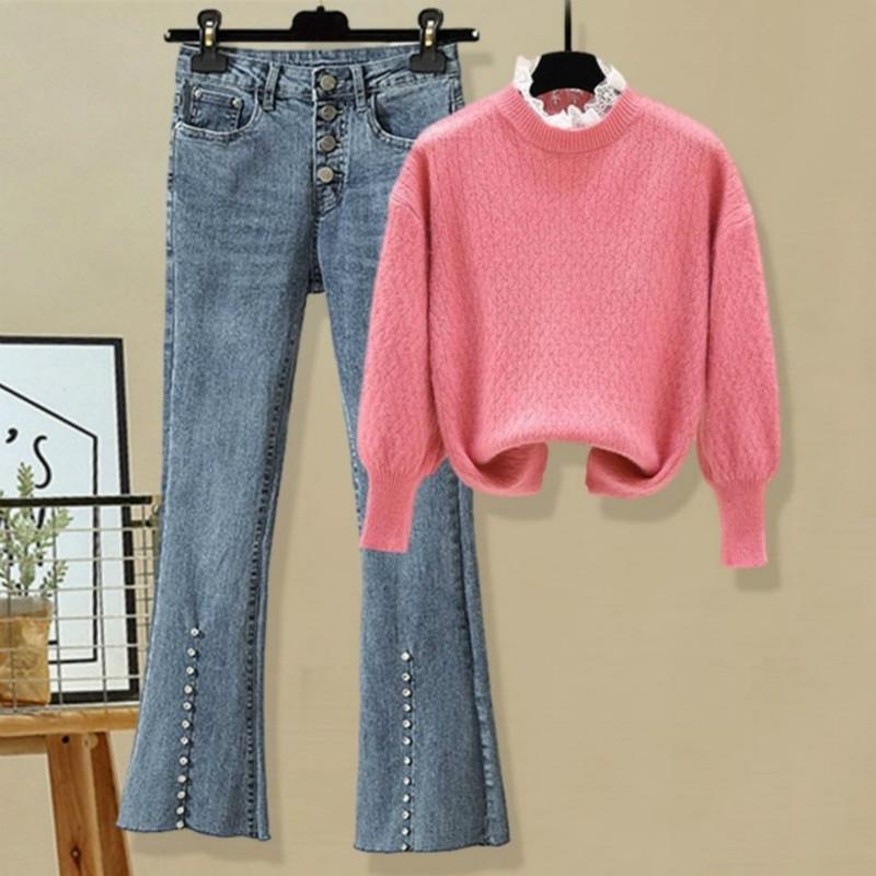 

2021 Women Autumn Winter Casual 2 Pcs Set Lady Lace O-nekc Sweater + High Waist Denim Flare Pant Suit Female Loose Slim Set I166, Pink
