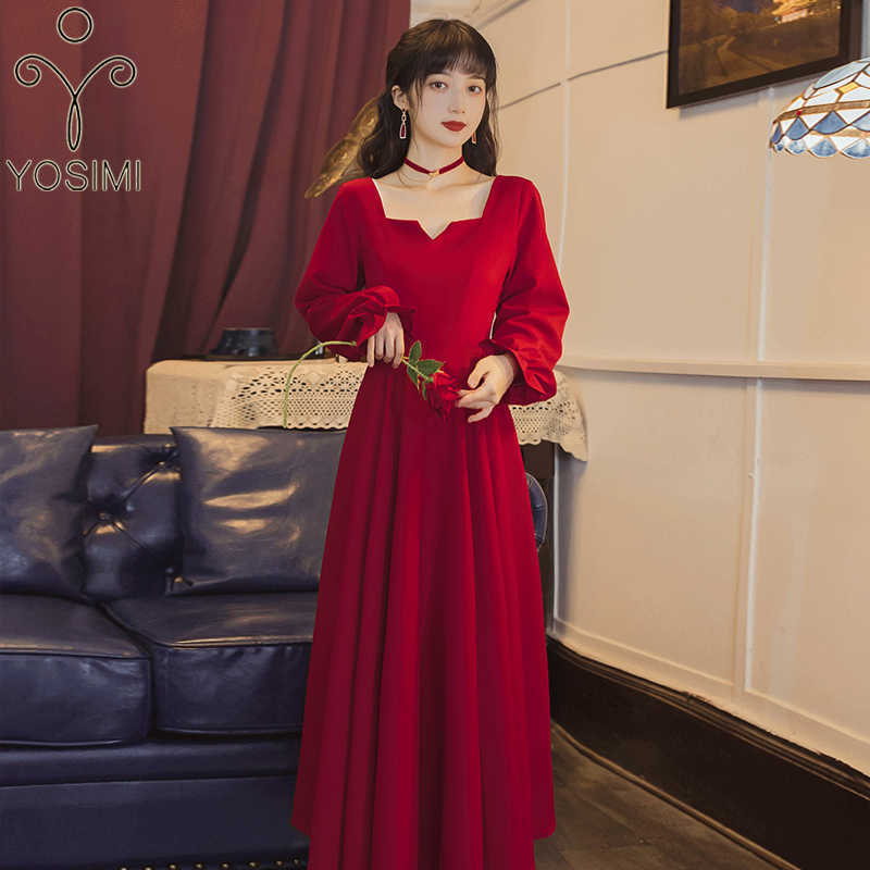 

YOSIMI Long Dress for Women Red Vintage Square Collar Full Sleeve Fit and Flare Midi Autumn Winter Party 210604