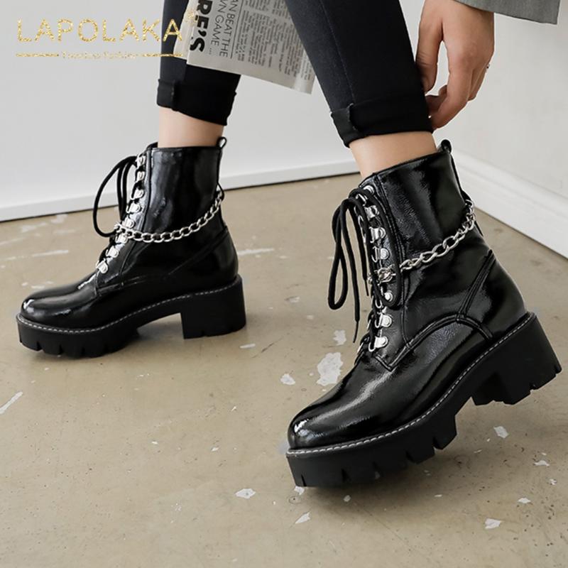 

Boots Lapolaka Design 2021 Autumn British Style Motorcycle Woman Shoes Platform Round Toe Chain Punk Ankle, Black