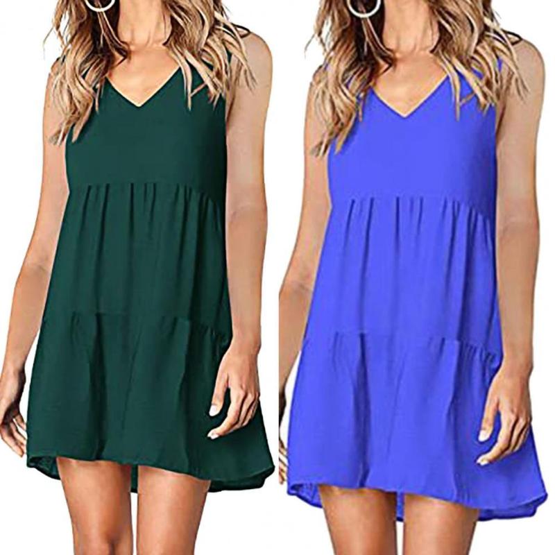 

Casual Dresses Summer Women Dress Sleeveless Solid Color V-neck Ruffle Hem Loose Mini Sundress Plus Size Vestidos Femme Robe High Quality, Black