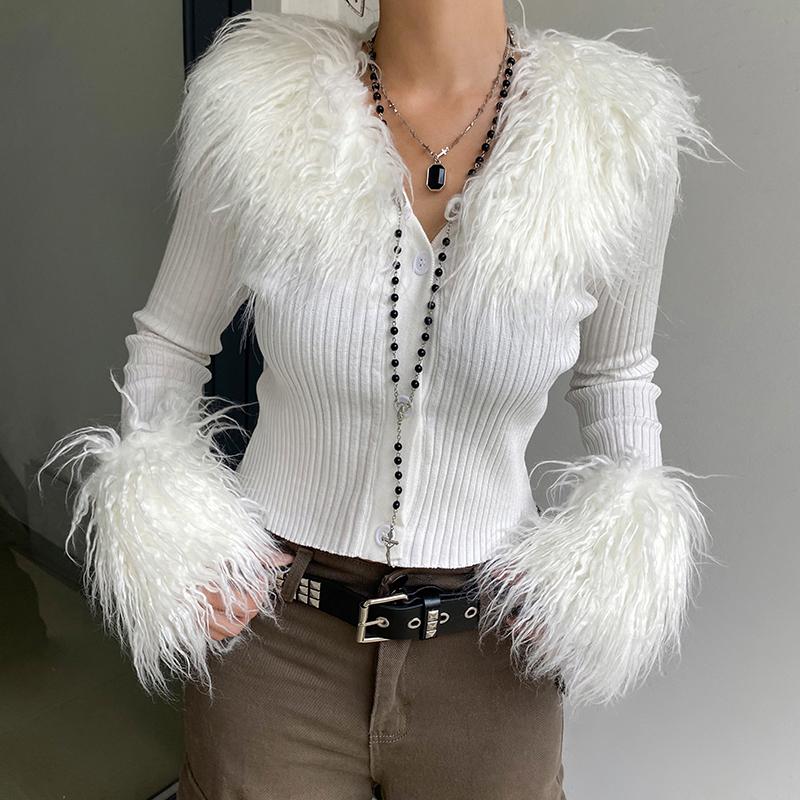 

Women' Jackets Fashion Y2K Women Faux Fur Trim Collar Cuffs Cardigan V-Neck Long Sleeve Knitted Sweater Vintage Aesthetic Fluffy Crop Tops, White