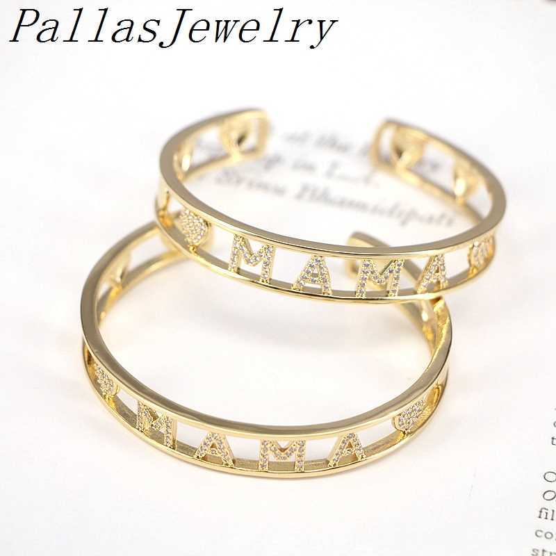 

4pcs Trendy Cz Mirco Pave Mama Open Cuff Bracelet, Cubic Zirconia Gold Heart Letter Bracelet, Wire Bracelet, Gift for Mom Q0720
